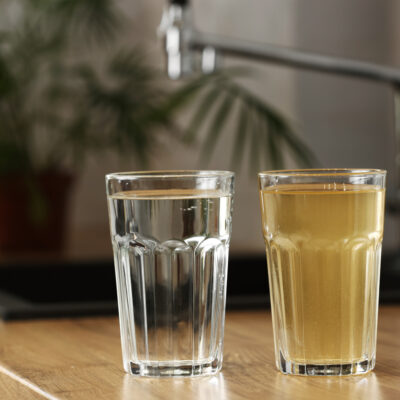 House water filtration system to drinkable condition. Glass of clear water after reverse osmosis filtration and glass of dirty water on tabletop on kitchen. Evidence of contamination of tap water